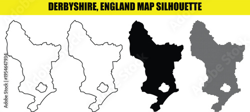 Derbyshire england map silhouette set including detailed outline solid black shape and halftone pixelated design
