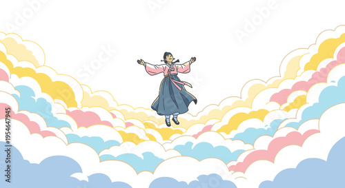 Woman in Korean Hanbok Floating Among Colorful Clouds