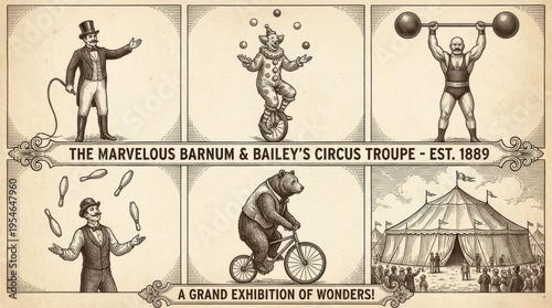Vintage Circus Poster Illustrating Various Acts and Performers from the Marvelous Barnum and Bailey Circus