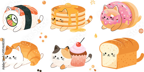 Cute Cartoon Food Cats Set Featuring Sushi Pancakes Donut Croissant Cupcake and Bread Characters with Sweet Dessert Theme Adorable Animal Vector Illustration