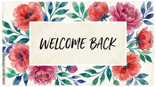 Beautiful Watercolor Floral Welcome Back Sign with Colorful Poppies and Elegant Handwritten Text