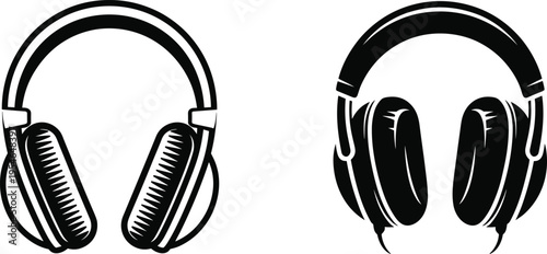 Black headphone vector set featuring over-ear audio headsets isolated on light background, modern music listening device illustration for DJ, studio, podcast, gaming, and technology design projects.