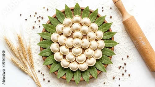 Beautifully Arranged Decorative Dessert with Dough Balls and Fresh Leaves on Natural Background