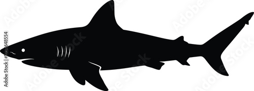 Black shark silhouette isolated on white background, powerful ocean predator profile illustration, marine wildlife vector graphic for logo design, tattoo concept, sea life branding
