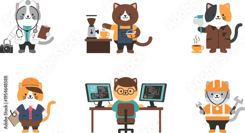 Cute Cartoon Cat Characters in Different Professions Including Doctor Barista Office Worker Programmer Engineer and Businessperson Set Flat Vector Illustration for Career Concept Design