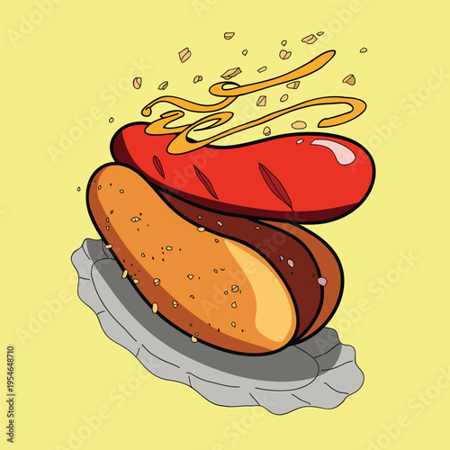 a cartoon illustration of a hotdog in a bun, topped with yellow mustard. with outline. vector style.flat design