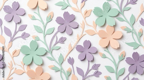 Colorful Papercut Floral Pattern Featuring Pastel Flowers and Greenery Background Design