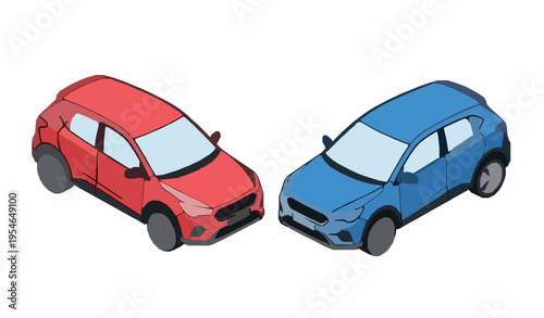 Red and blue crossover SUV isometric vector icons modern family hatchback vehicles