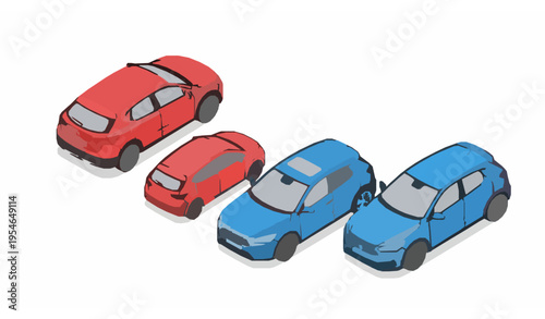 Isometric crossover SUV icon set with red and blue modern passenger family cars