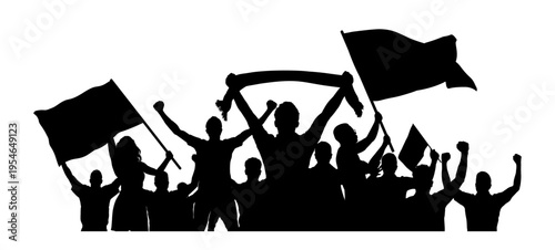 Football fans silhouettes, soccer fans with flags and scarves isolated