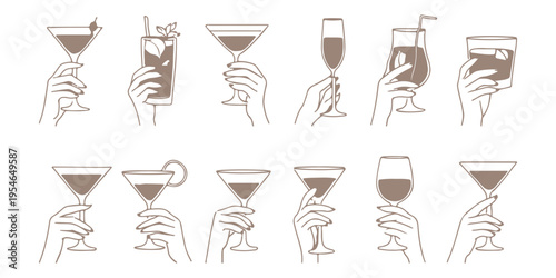 Hand Holding Cocktail Glasses Line Art Set Minimal Drink Illustration Collection