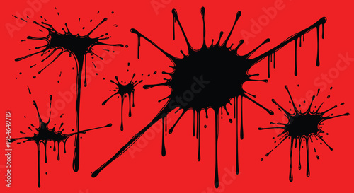 Black ink splatters on red background.