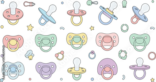 Cute Baby Pacifier Collection Vector Set with Colorful Soothers Nipples and Infant Accessories for Newborn Care Illustration and Nursery Design.