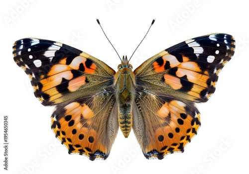 Beautiful orange and black butterfly with white spots on wings spread wide open