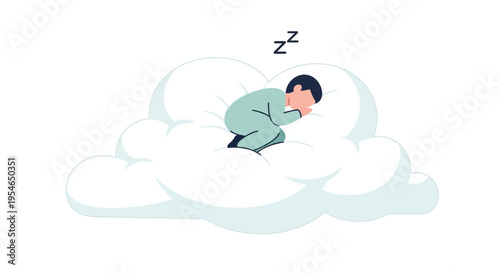 Child sleeping peacefully on a fluffy cloud, dreamlike, serene, comfort, rest