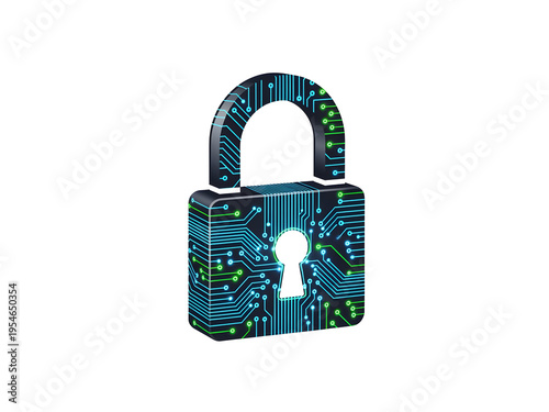 Blue circuit board padlock with green accents and keyhole  secure technology concept