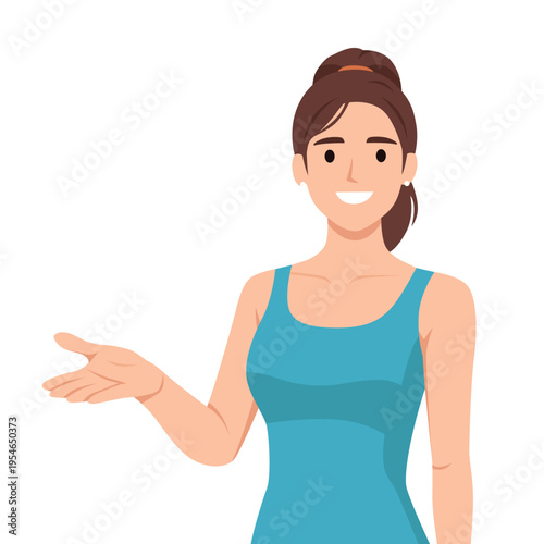 Confident Woman Presenting with Open Hand Gesture. Flat vector illustration isolated on white background