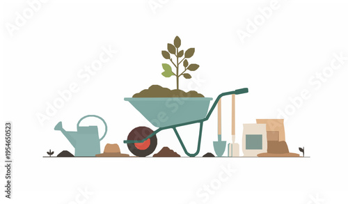 Gardening Tools Scene with Wheelbarrow Soil Tree and Equipment Flat Vector Illustration