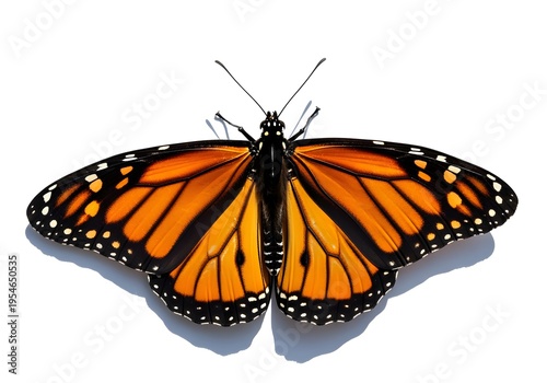 Monarch butterfly with orange and black wings spread wide on white background