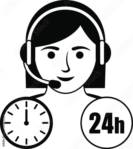 Customer service support agent with headset icon representing 24 hour help desk hotline availability, call center assistance, communication operator and round the clock support concept