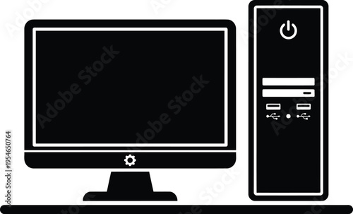 Black and white illustration of a desktop computer monitor and tower setup