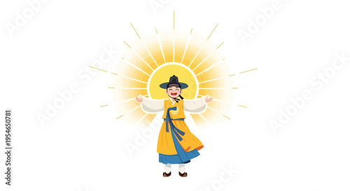 Joyful Korean person in traditional Hanbok under bright sun rays