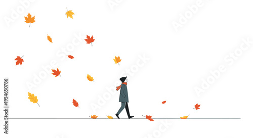 Person walking in autumn leaves, minimalist vector illustration, fall season concept