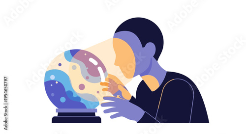 Person peering into glowing crystal ball, predicting future, abstract swirls of color