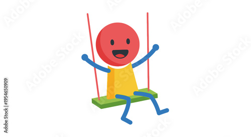 Happy Cartoon Character Swinging on a Swing Set, Childhood Fun