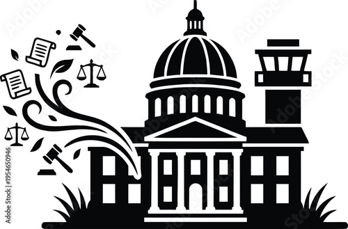 Government and justice building with symbolic elements in black and white illustration