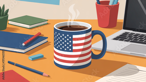 American flag coffee mug on a cluttered desk with laptop books and stationery symbolizing a productive morning routine