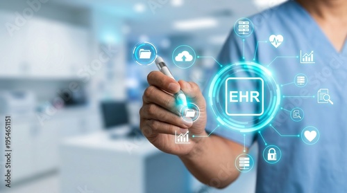 Wallpaper Mural EHR Healthcare Medical Technology Digital Data Patient Records Hospital Technology concept showing a doctor using a digital stylus to manage electronic health record systems efficiently. Torontodigital.ca