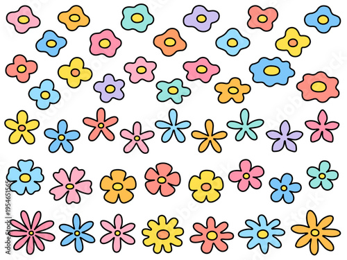 線画とカラフルな塗りの花のイラストセット