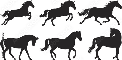 Horse silhouette set in different poses vector illustration, running and standing equine collection isolated on white background for ranch, farm, logo design