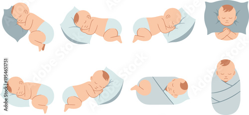 Newborn Baby Sleeping Poses Vector Set with Swaddled and Lying Positions Peaceful Infant Bedtime Scenes for Nursery Illustration and Childcare Design.