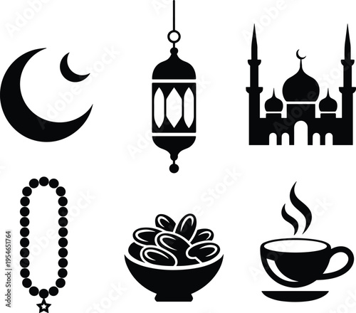 Islamic Ramadan icon set with crescent moon lantern mosque prayer beads dates bowl and tea cup silhouettes for Muslim fasting month design vector