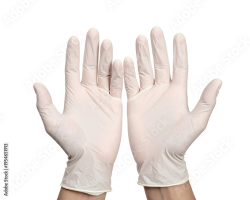 Hands wearing medical latex gloves on a transparent background
