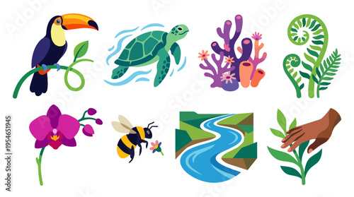 A collection of vibrant illustrations showcasing diverse natural elements including animals, plants, and ecosystems, representing biodiversity and environmental themes.