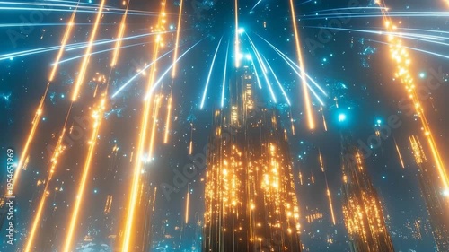 Glowing city illuminates the sky as shooting stars cascade through the night