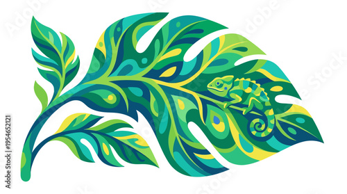 A stylized illustration of a green chameleon resting on a large, vibrant monstera leaf with intricate patterns.
