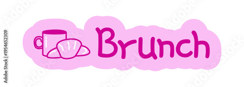 Brunch hand drawn line sticker illustration. Coffee mug with croissant pastry. Cafe meetup. Digital planning clip art in doodle style. Colorful planner icon label. Bullet journal die cut element