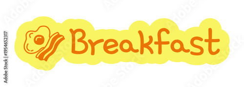 Breakfast hand drawn line sticker illustration. Fried egg and bacon. Morning meal. Cafe menu. Digital planning clip art in doodle style. Colorful planner icon label. Bullet journal die cut element