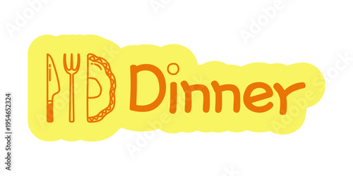 Dinner hand drawn line sticker illustration. Evening meal. Fork knife with plate. Dinnertime. Digital planning clip art in doodle style. Colorful planner icon label. Bullet journal die cut element