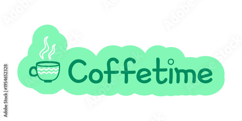 Coffeetime hand drawn line sticker illustration. Steaming coffee cup. Cozy coffeebreak. Digital planning clip art in doodle style. Colorful planner icon label. Bullet journal die cut element
