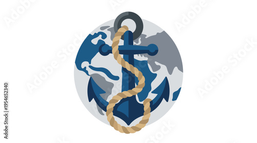 A blue anchor with a rope wrapped around it, set against a stylized globe, symbolizing global maritime industry, shipping, and international trade.
