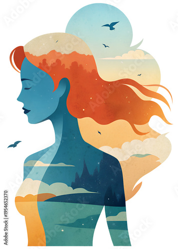 Double exposure art of a girl with landscape elements and soft colors representing nature and freedom