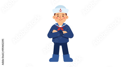 A cheerful cartoon illustration of a young boy dressed as a sailor, standing with arms crossed and smiling, wearing a traditional blue and white uniform with a red neckerchief and anchor emblem.