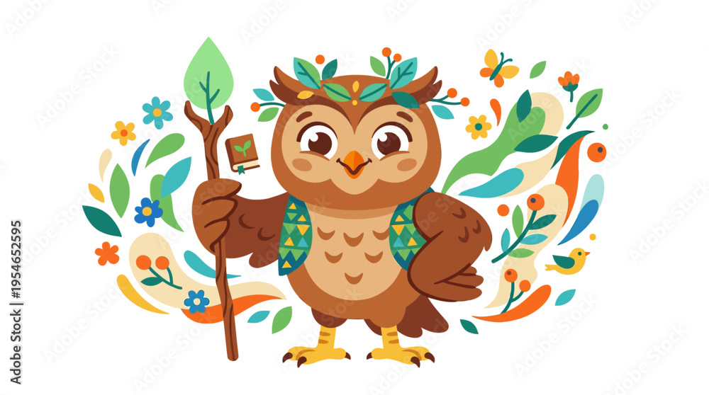 Naklejka premium Cute cartoon owl character with a leaf crown and staff, surrounded by vibrant nature elements like flowers, leaves, and berries, symbolizing wisdom and nature.