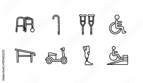Minimalist black outline vector icons of mobility and disability support aids for accessibility and healthcare