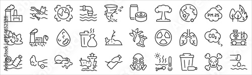 Pollution and environmental issues line icons set. Collection includes air, water, and soil pollution, plastic waste, recycling, climate change, global warming, and environmental protection symbols. P